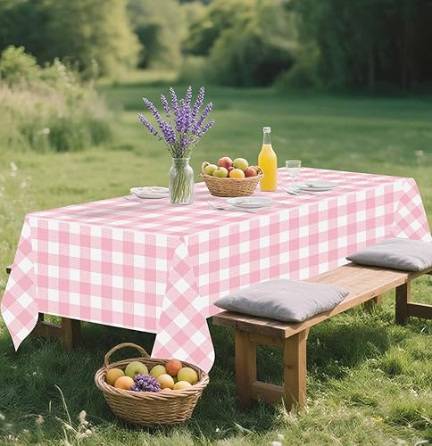 Miniatura 2 de SietDESEO Paquete de 6 manteles de plástico desechables de gingham rosa claro, rectangulares de 54 x 108 pulgadas, diseño a cuadros rosa y blanco,