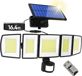 MDCMDCM Solar Motion Lights Outdoor - with 16.4ft Cable, 3000LM LED Security Lights for Outside Dusk to Dawn, IP65 Waterproof Flood Lights with Remote for Court Yard Garage Front Door Classic, 1