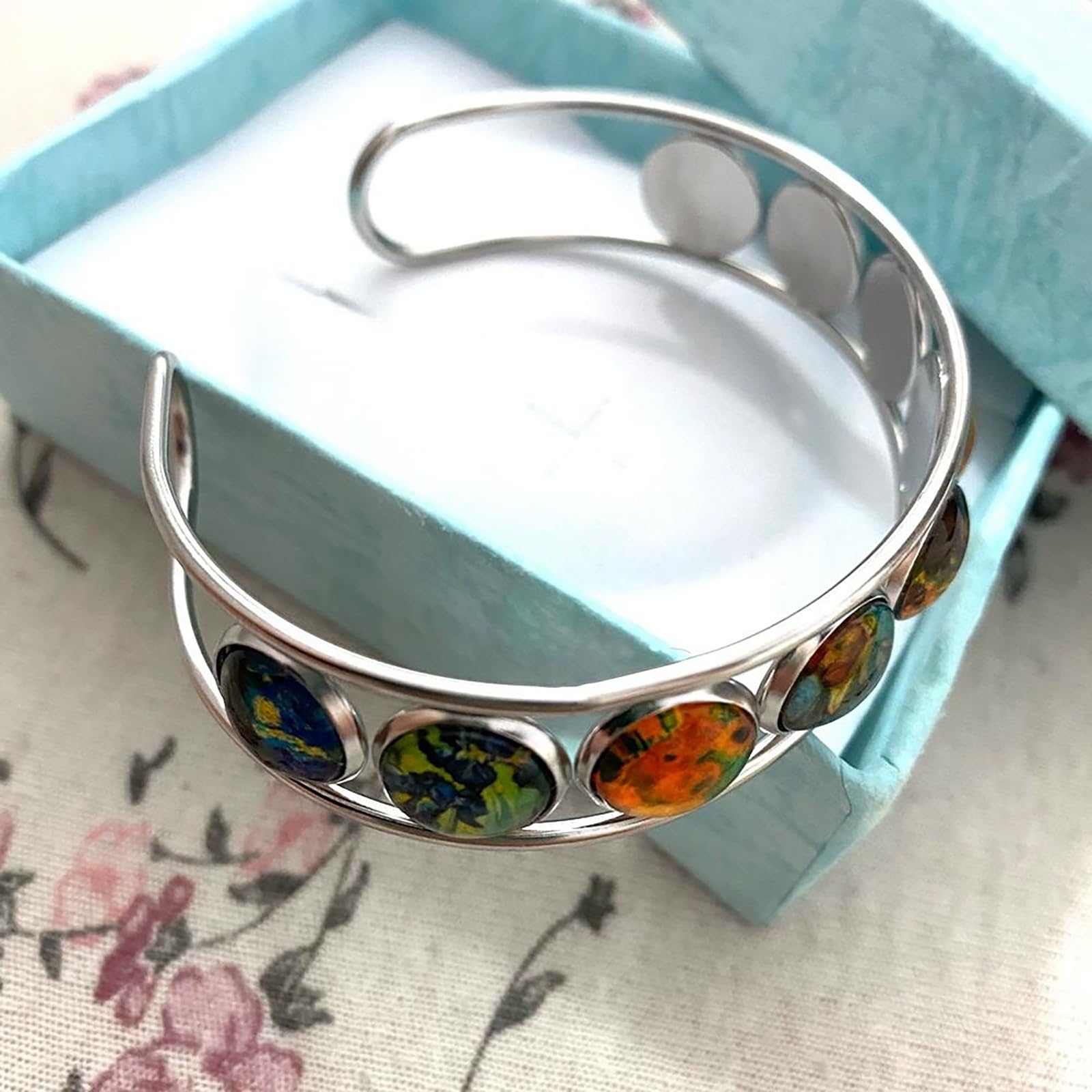 Mariiearly Van Gogh Art Pattern Bracelet；Vincent Van Gogh Starry Night Jewelry Sunflower Bracelet Almond Branch Blooming Bracelets Stained Glass Cuff Bracelets Jewelry Gifts For Artists Women