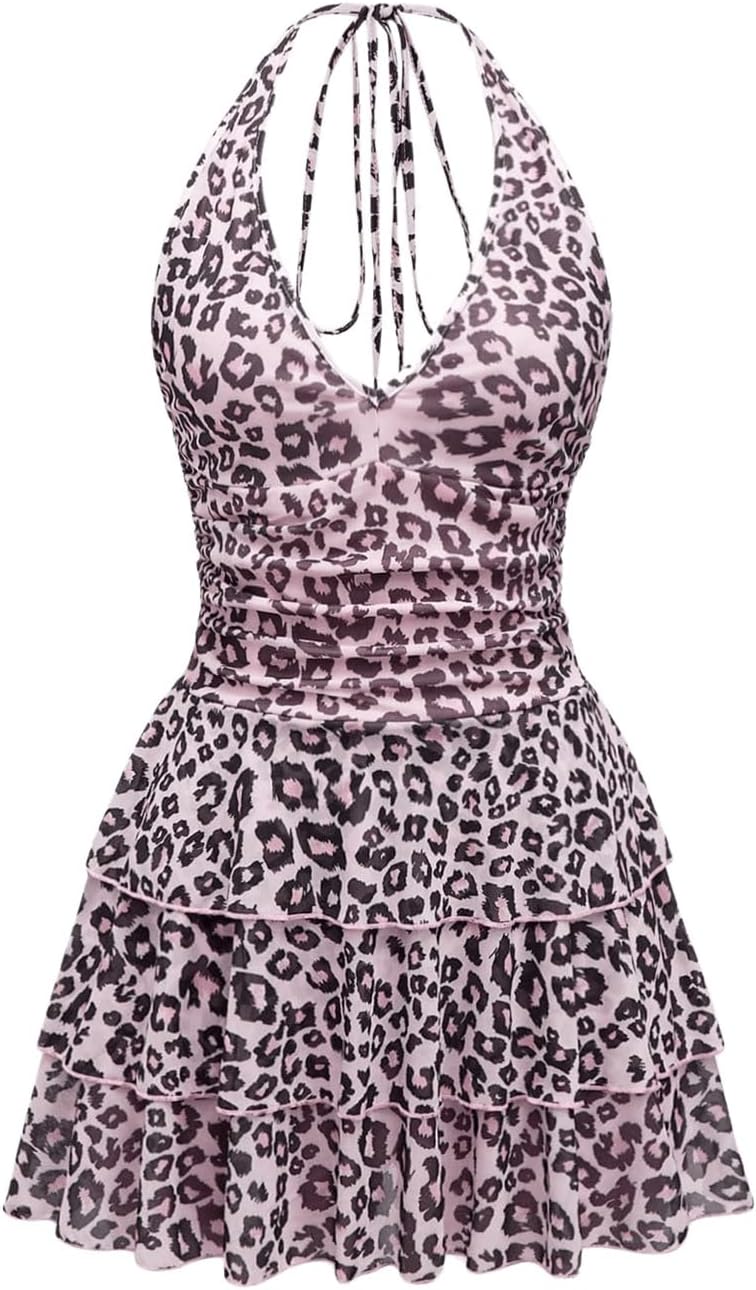 Women's Y2K Leopard Print Halter Dress Sexy Ruched Tie Backless Tiered Layer Mini Dresses Cheetah Mesh Ruffle Dress