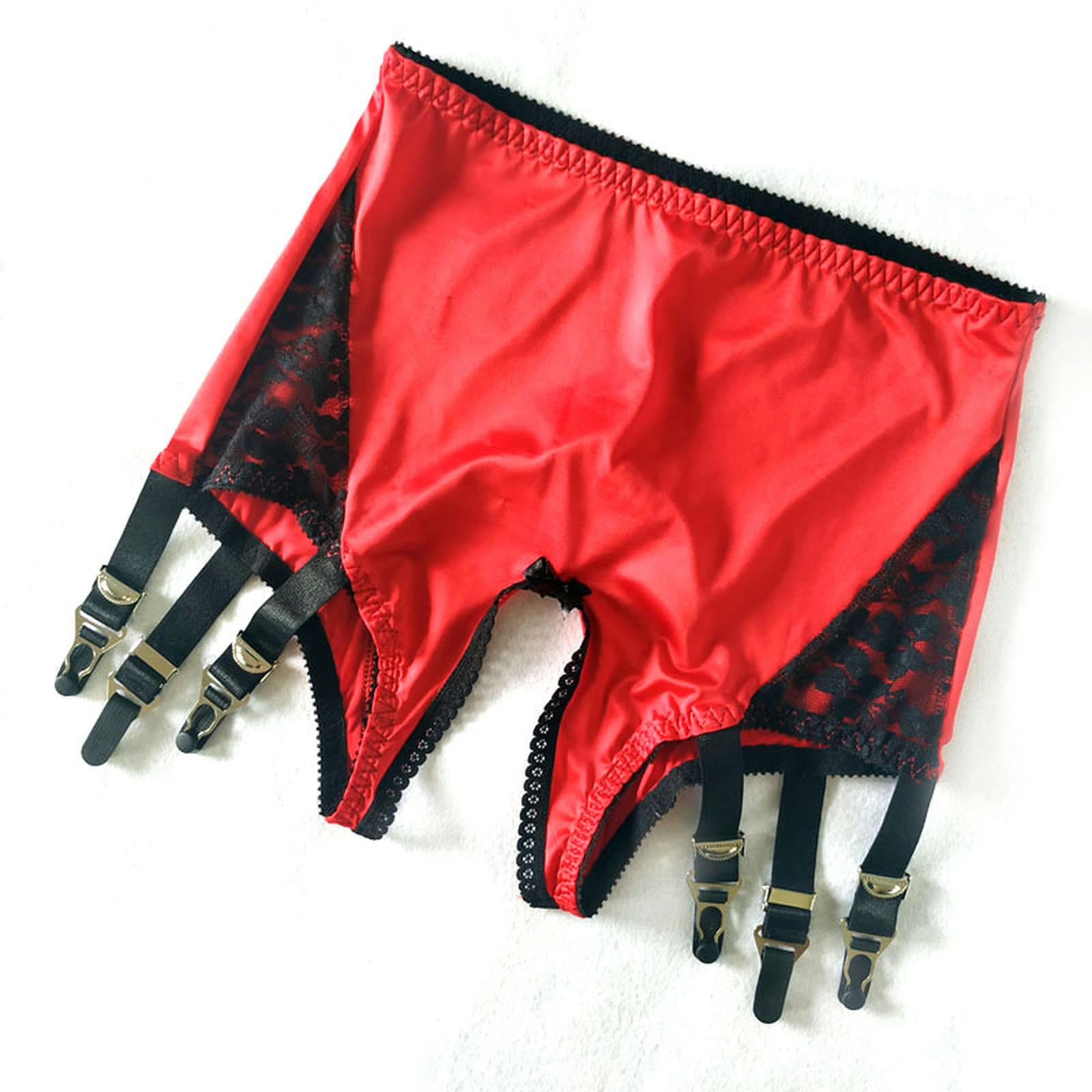 VOIV Black Lace Garter Belt Crotchless Panty with Six Straps Red Suspender Belts for Women Lingerie Stockings
