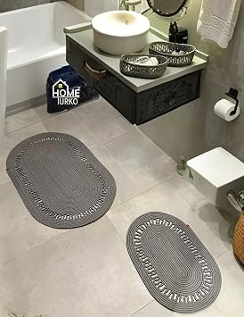 4-Piece Jute Bath Mat Set and Basket - Non-Slip Base, Super Absorbent, Machine Washable, Decorative Bath Mat with Natural Wicker Appearance (50x80 cm & 40x60 cm Mat, 30x20x10 cm Basket) (Grey)