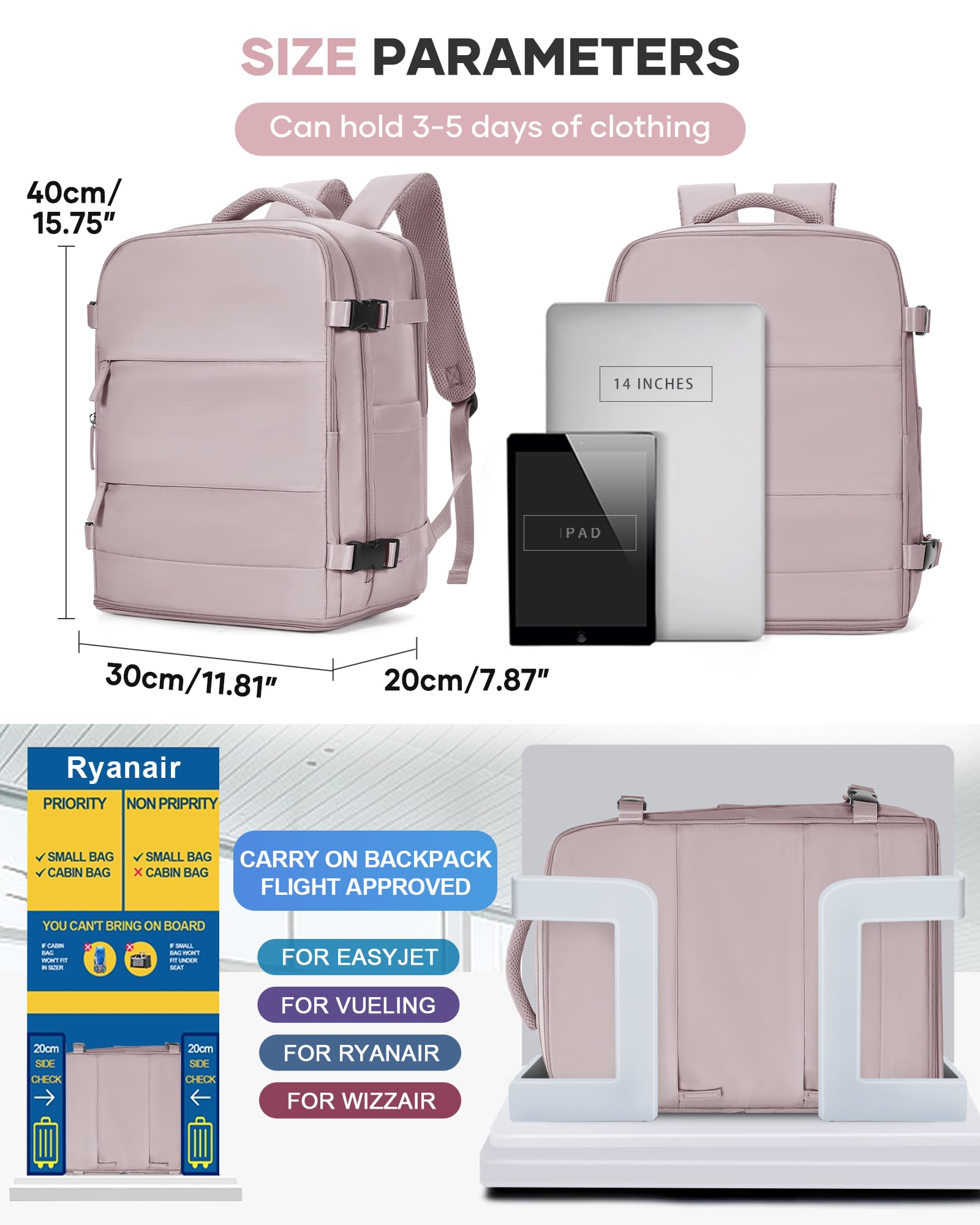 BJLFS Borse da Cabina per Ryanair 40x30x20 Bagaglio a mano Sottovuoto 40x20x25 Zaino da Viaggio con Sottovuoto impermeabile Donna Zaino Easyjet 45x36x20 Zaini Wizzair con porta scarpe