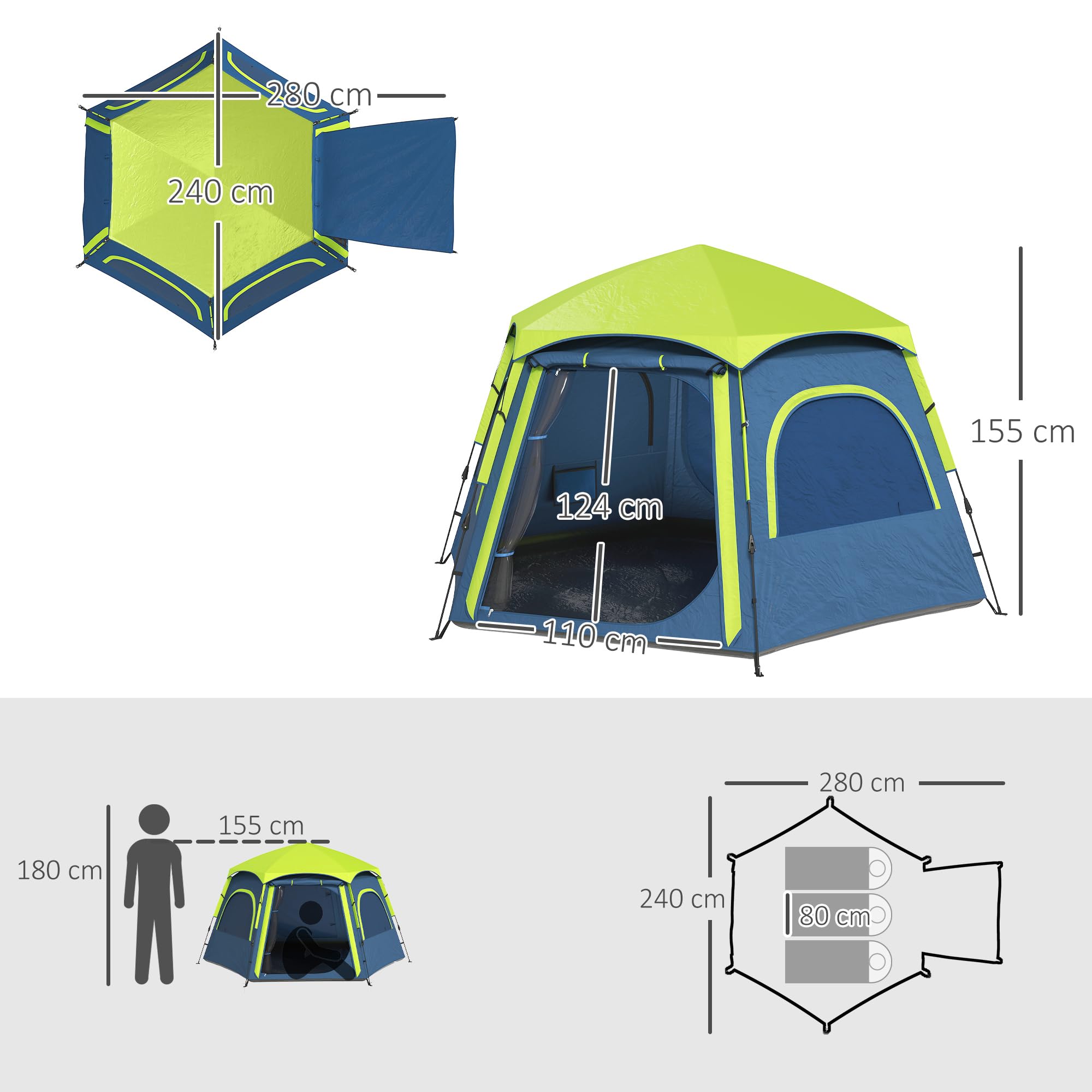 Outsunny Tienda de Campaña para 2-4 Personas Tienda de Camping Plegable con Fácil Instalación Ventanas de Malla Gancho y Bolsa Transporte Protección UV Impermeable 3000+ para Senderismo