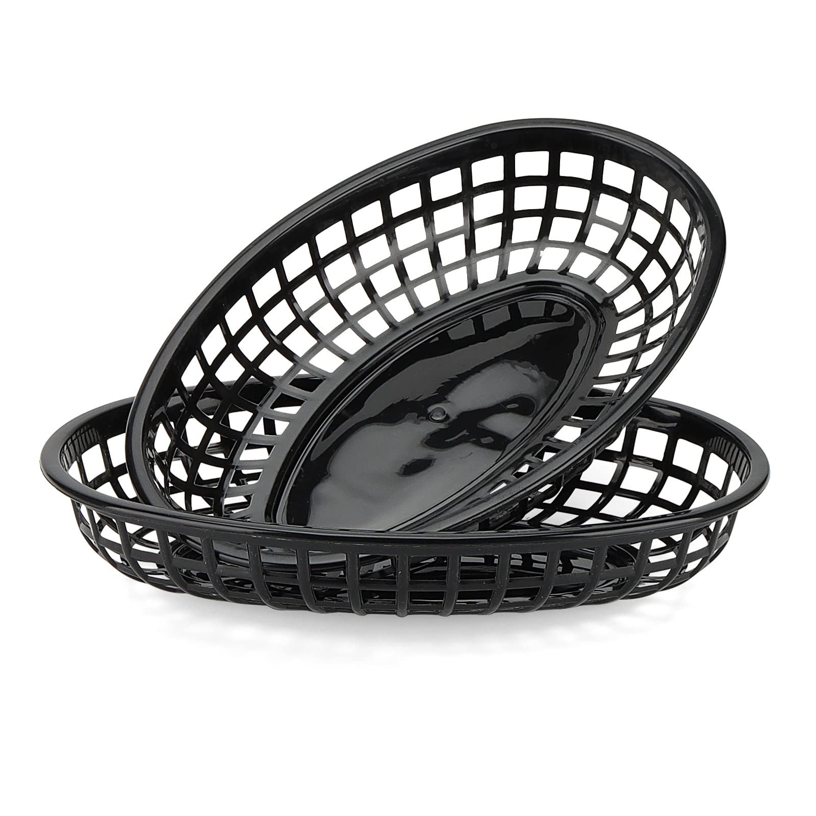 MANCHAP Lot de 50 paniers de restauration rapide noirs en plastique avec 100 doublures à carreaux, paniers alimentaires ovales pour service de restauration rapide, hot-dogs, hamburgers