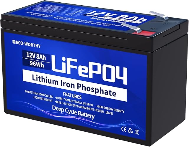 ECO-WORTHY 12V 8Ah Rechargeable LiFePO4 Lithium Iron Phosphate Battery with Over 3000 Times Deep Cycle for Fish finder,Ride on Car,Emergency Ham Radio,Burglar Alarm System,Kid Scooter,Solar Panel