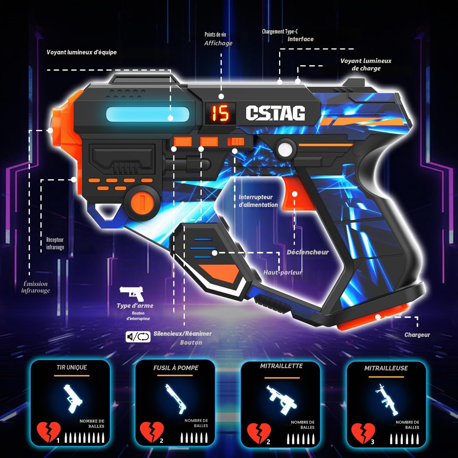 VATOS Ensemble de Laser Tag Rechargeable avec Capteurs 360° pour 4 Joueurs, Infrarouge 2,4 GHz Affichage de Données en Temps Réel, Jeu de Famille et de Groupe pour Enfants et Adolescents, Cadeau pour