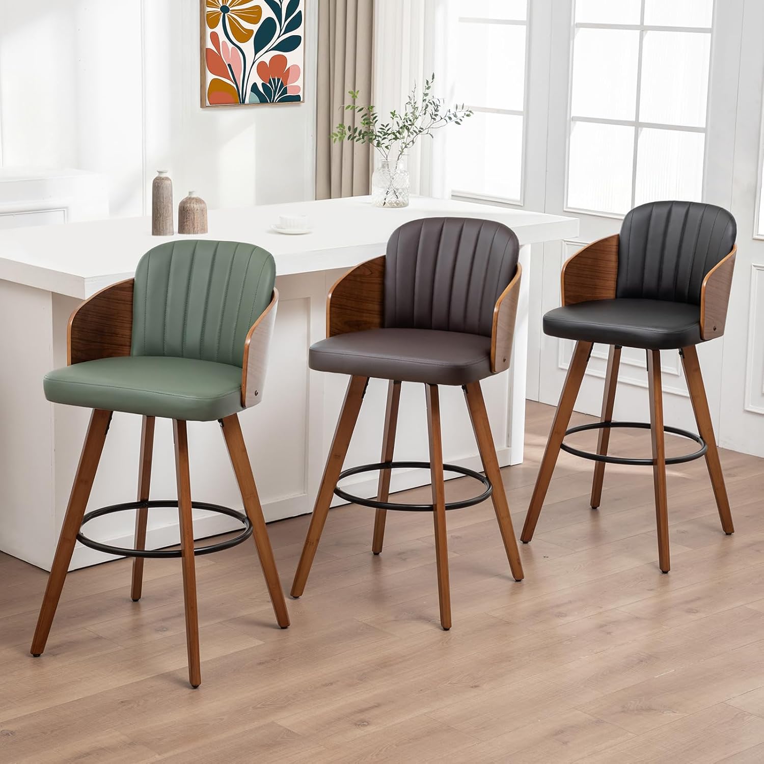 Set of 2 Swivel Bar Stools - 29.5 inch Mid Century Bar Stools with Walnut Bentwood Crafts, Curved Back and Arms, Upholstered Seat, Bar Height Barstools for Cafe/Kitchen/Island (29" Seat Height, GREEN)