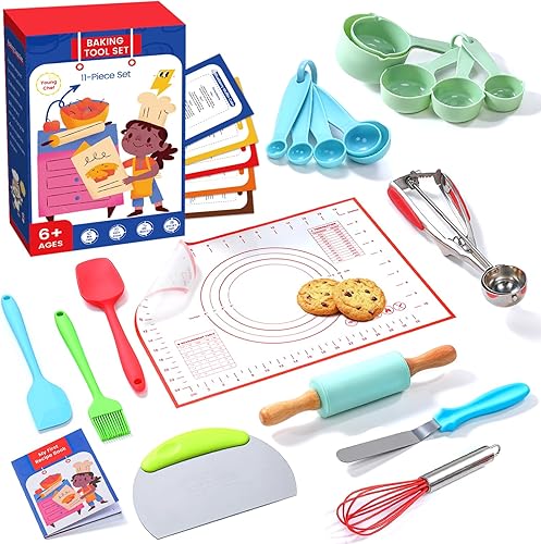 Vinino Juego de 11 piezas para hornear y cocinar para niños, utensilios de hornear reales con libros de cocina para niños, accesorios de cocina