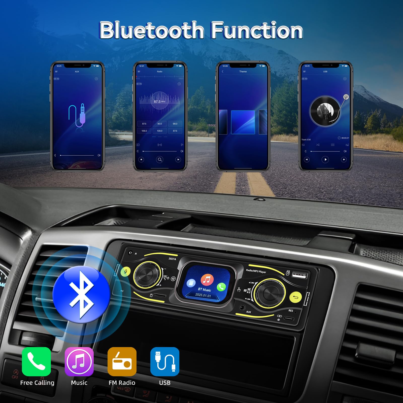 NHOPEEW Radio samochodowe 1 DIN z Bluetooth i ekranem dotykowym: odtwarzacz MP3 z FM, korektor, zestaw głośnomówiący, wejście USB/SD/AUX, ładowanie typu C, złącze ISO i kolorowe światła LED