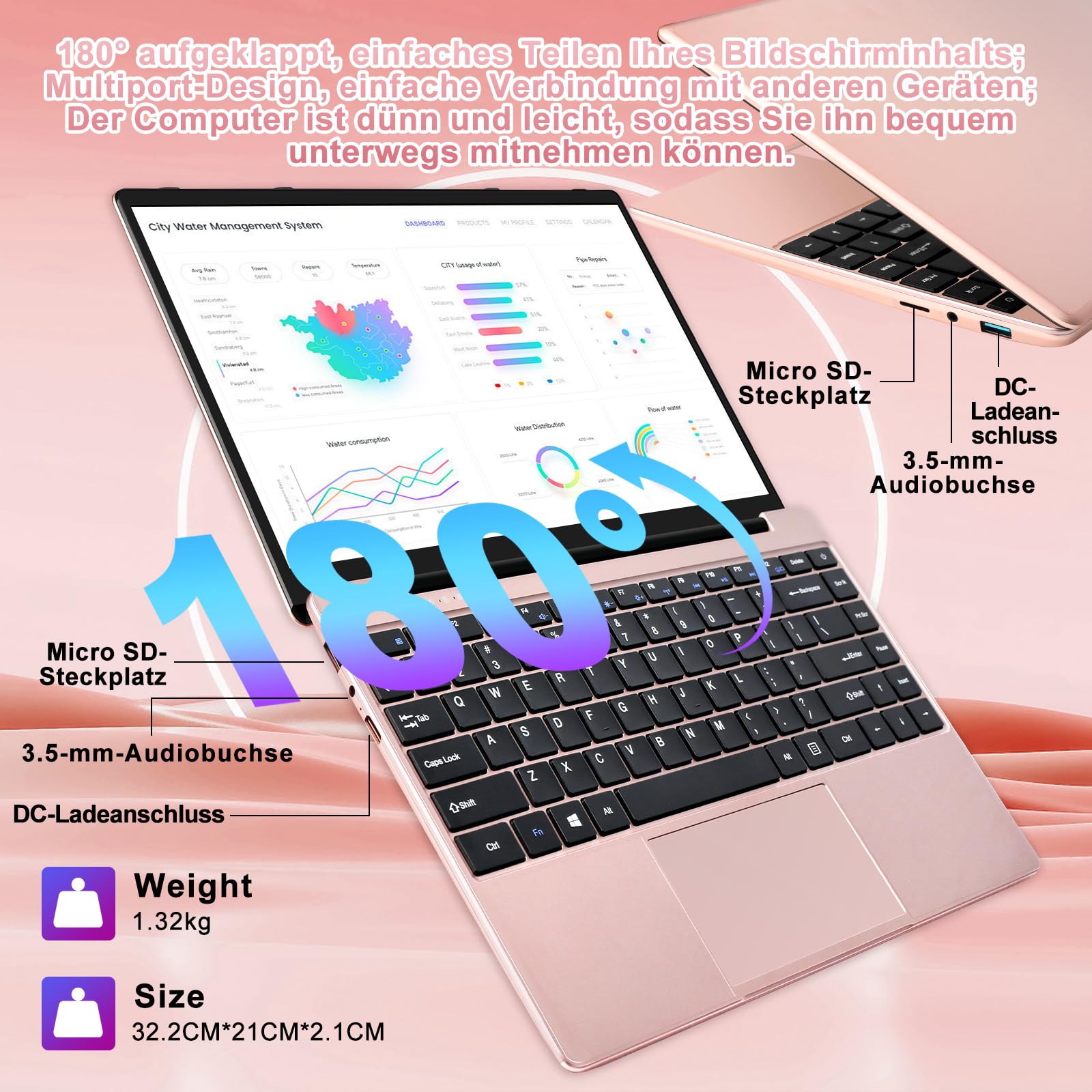 NOTODD 2026 Laptop 14 Zoll Win11 Pro 6GB DDR4 256GB SSD TF Unterstützung 1TB Celeron N4020 (bis 2.8GHz) Full Metal 5000mAh Notebook mit 1080P Mini HDMI Deutscher Tastaturschutz und kabellose Maus-Gold