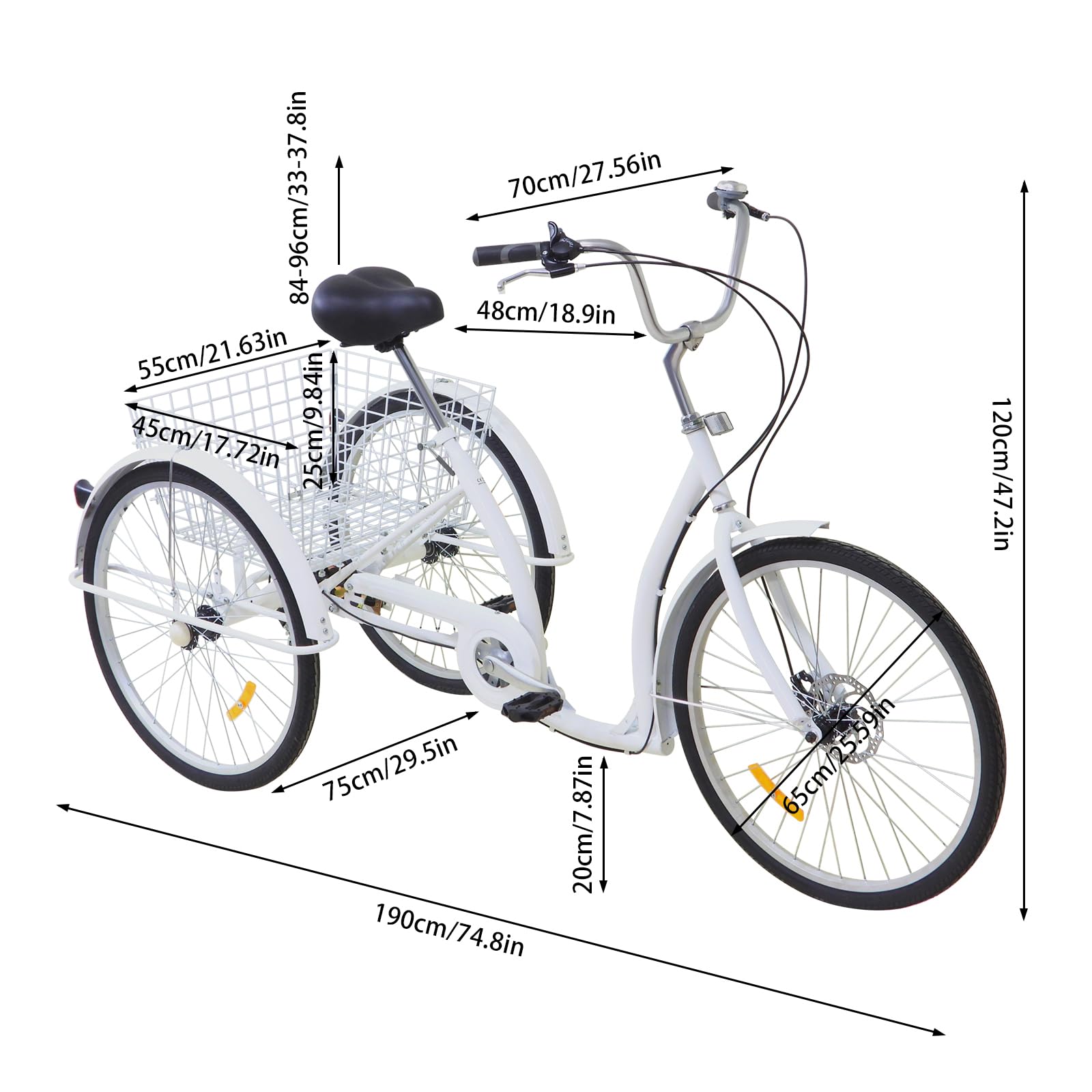 Triciclo per adulti da 26 pollici a 6 velocità, bicicletta da crociera a 3 ruote con cestino per la spesa, parafanghi, campana luminosa riflettente, pedali antiscivolo, doppi freni, per triciclo da ca