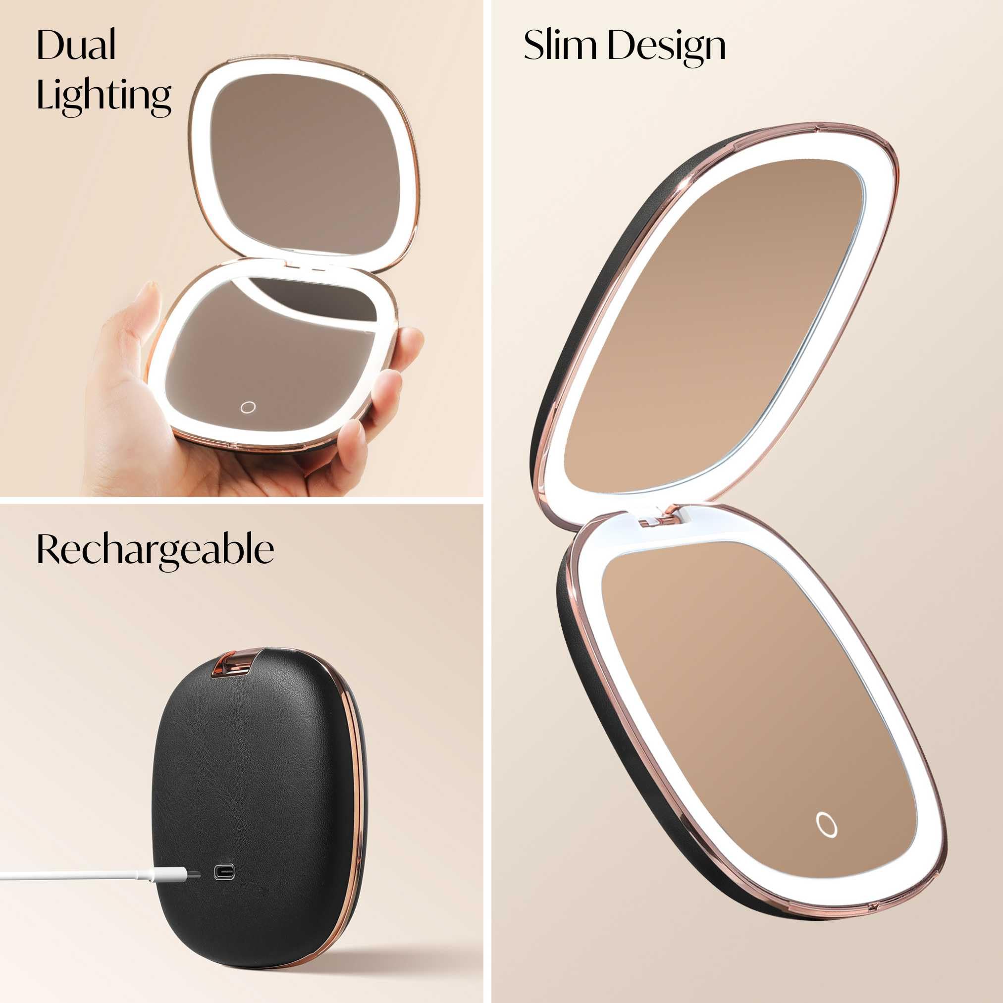Fancii Mila - Espejo de maquillaje compacto de aumento con luz LED, recargable, aumento de 10x/1x, sistema de iluminación Tru-Glow, cuero vegano, espejo de viaje pequeño para bolsos (Midnight Majesty)