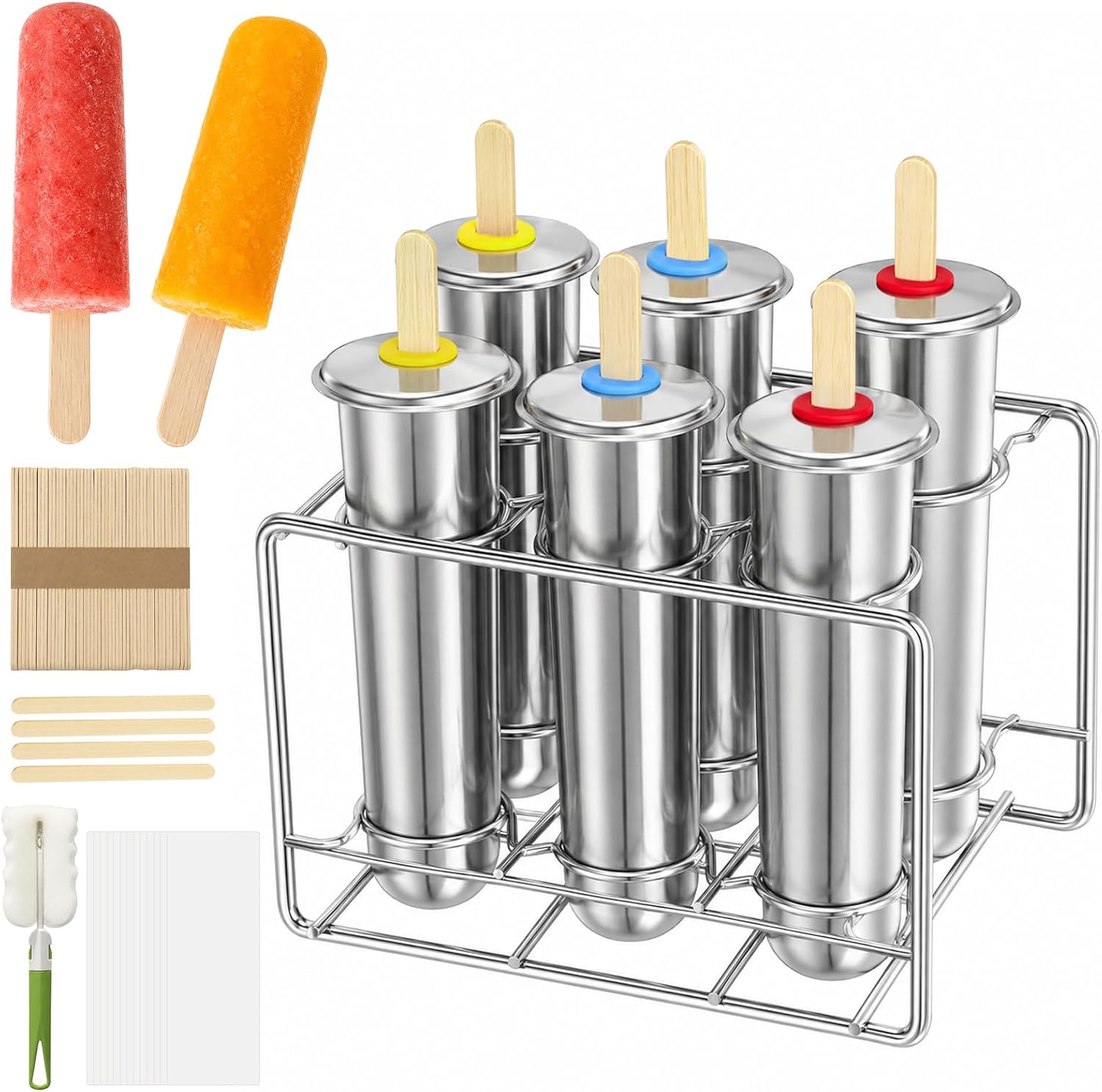 Set of 6 Stainless Steel Popsicle Mold, Reusable Round Ice Pop Molds with Individual Lids, Metal Holder, 60 Wooden Sticks, 20 Clear Bags, Cleaning Brush for Homemade Ice Cream and Frozen Treats
