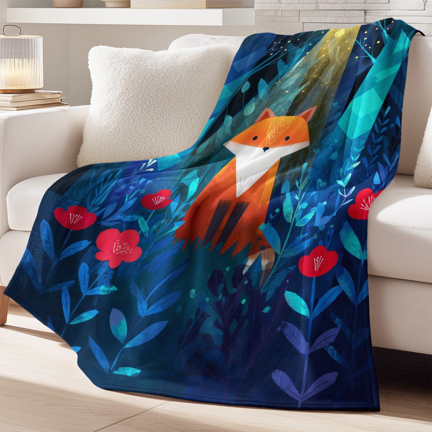 Flanelowy koc w kratę 150 cm x 180 cm grube jesienne koce polarowe, kreskówka minimalistyczny tajemniczy naturalny geometryczny las zwierzęta miękki lis lekkie koce