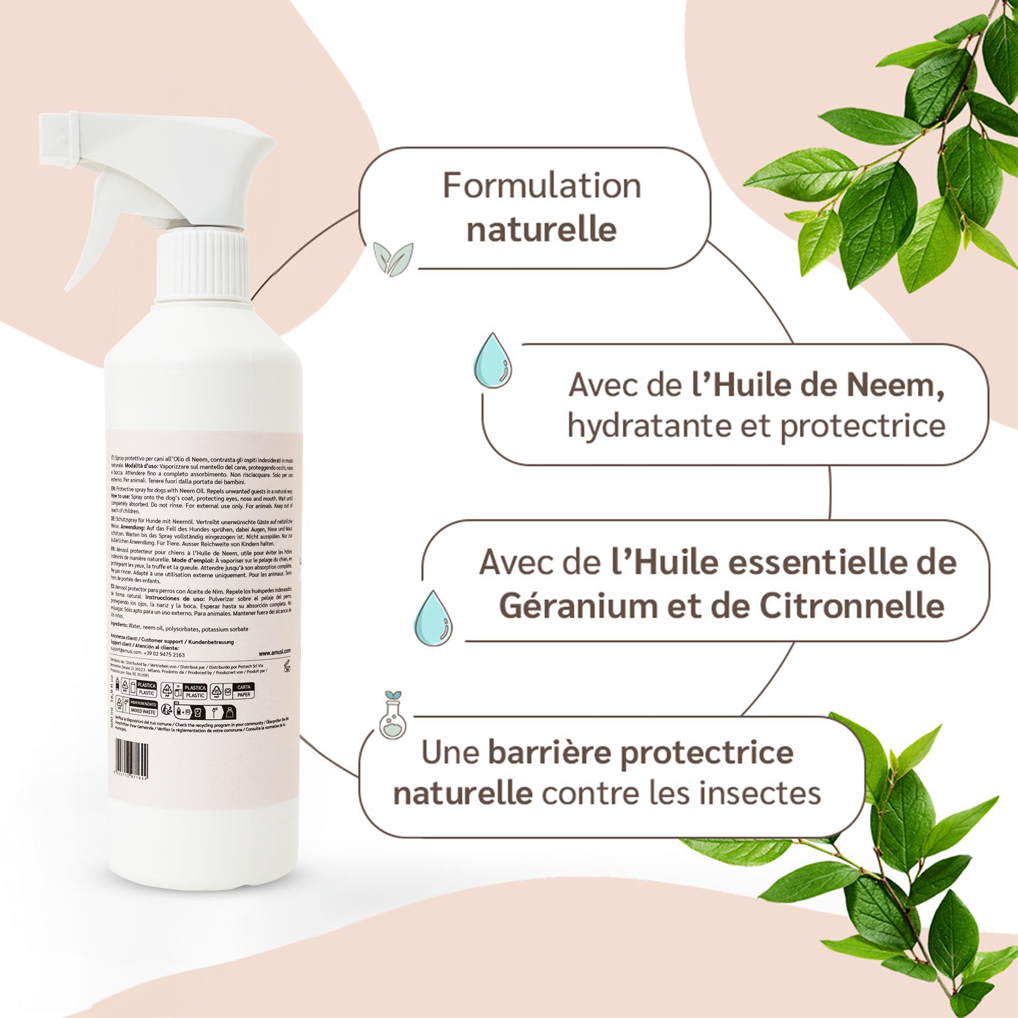 amusi Huile de Neem pour Chiens - 500 ML - Spray Répulsif - Protection 100% Naturelle - Spray Contre Les tiques, Mouches, acariens, poux - Répulsif pour Chiens - Huile de neem