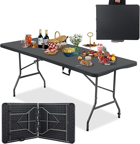 GINMAON Mesa plegable de 6 pies, mesas de fiesta portátiles para exterioresinteriores, mesa plegable resistente de 6 pies de largo, no necesita