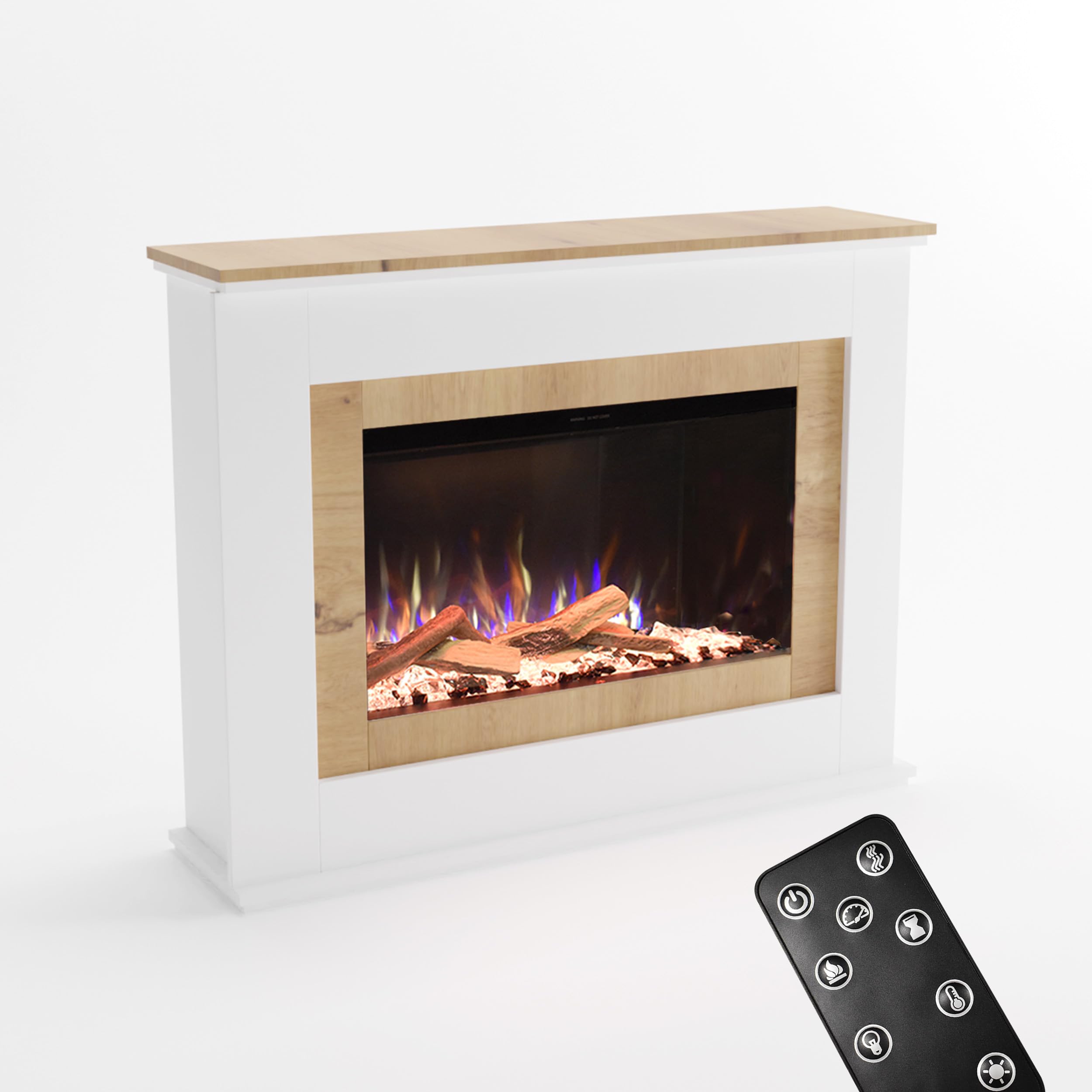 GLOW FIRE Caminetto PR6 con realistico fuoco LED E-Motion 3D - Caminetto elettrico da terra con riscaldamento, fuoco da camino, timer, max. 1500 W, 130x98,5x37,5 cm, Bianco (Quercia)