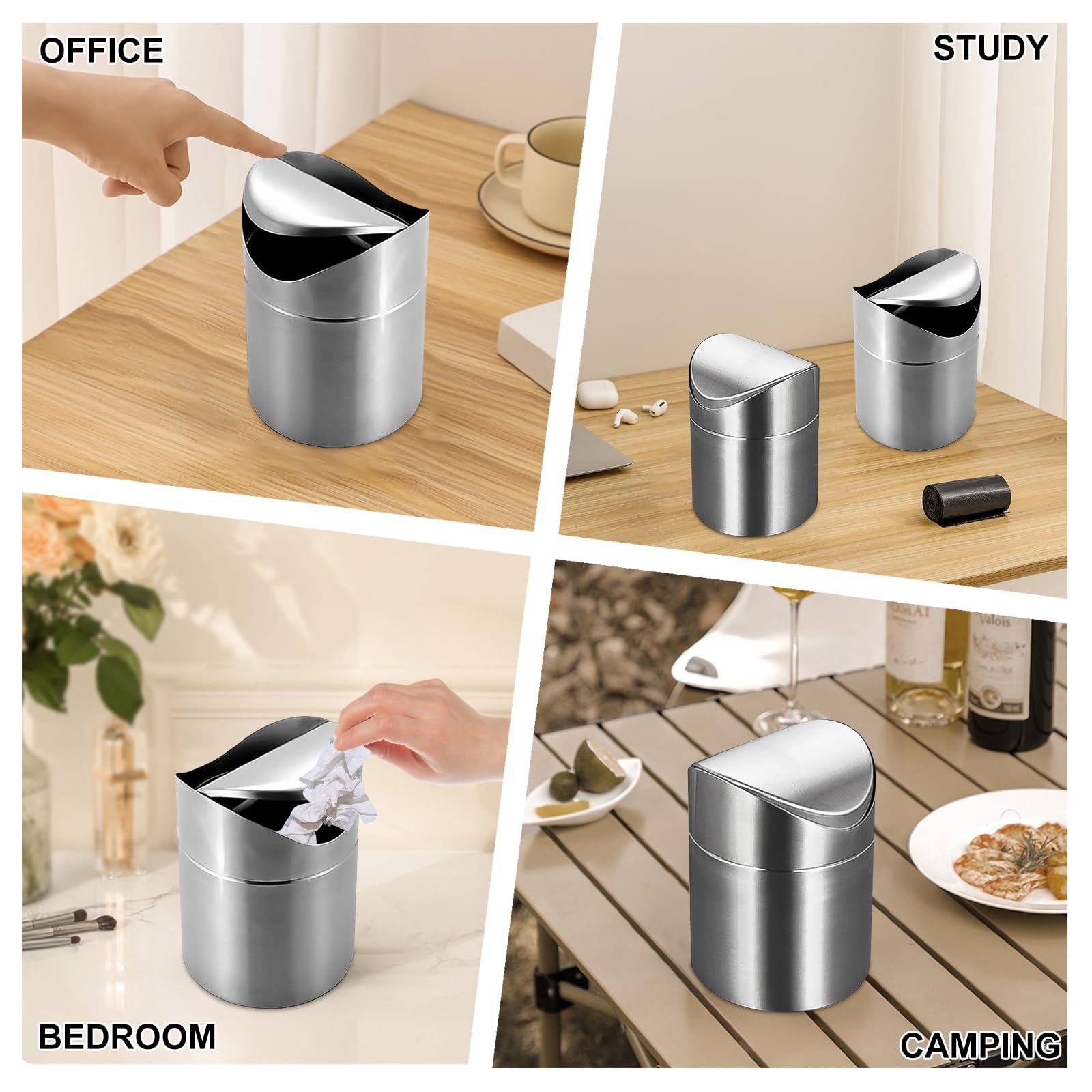 Cubo de Basura de Mesa con Tapa, 2L Mini Papelera Escritorio Cubierta Deslizante, Papelera Pequeña de Acero Inoxidable Papelera de Baño para Cocina, Dormitorio, Baño, Oficina, Plata (12×12×16cm)