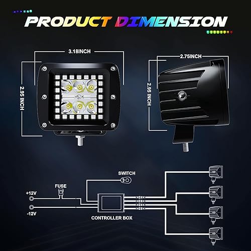 Miniatura 2 de 4P 3X3 LED Cube BlancoÁmbar Pods Spot Strobe Pods con Chaser RGB Halo 16 colores sólidos más de 92 modos intermitentes Offroad antiniebla luces