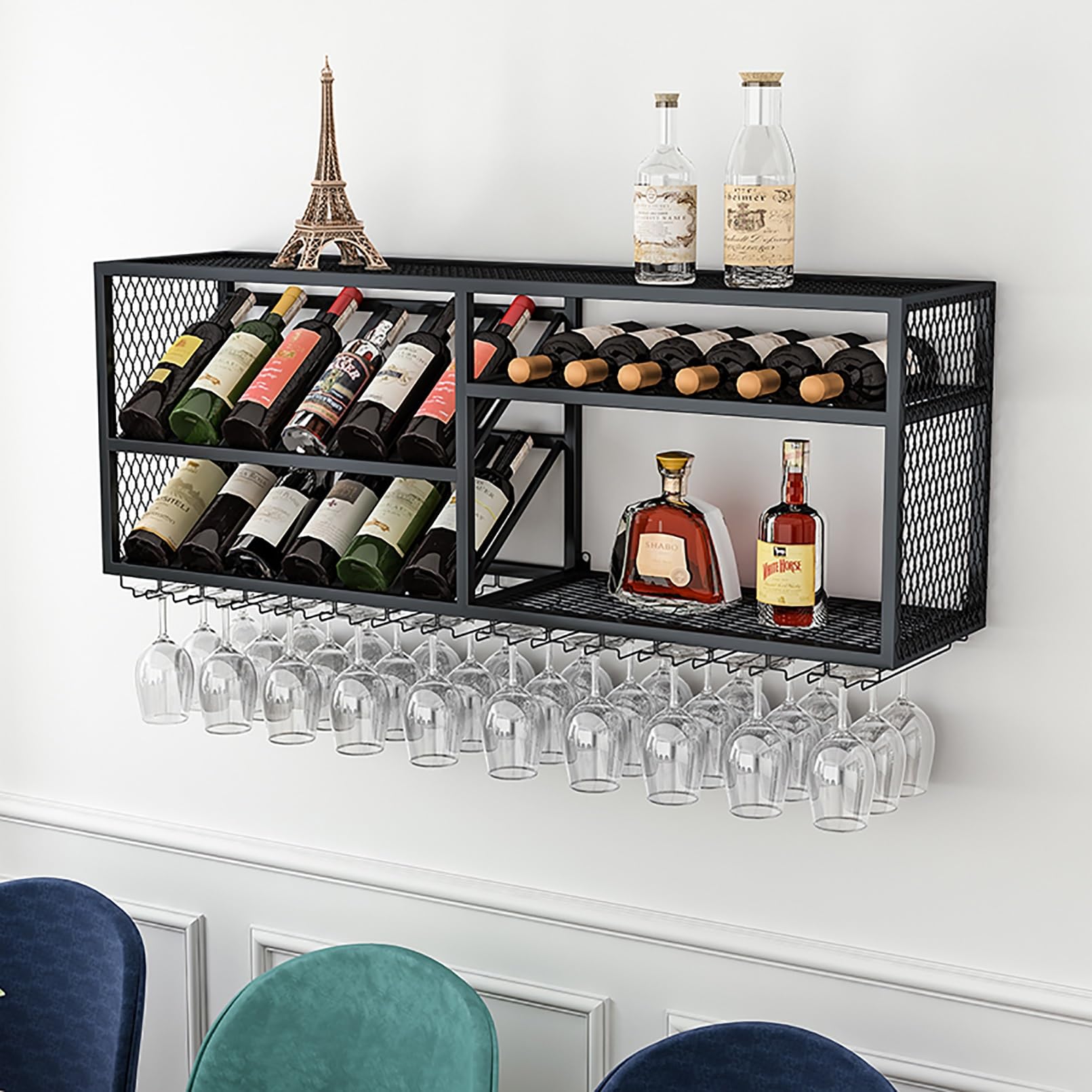 Botellero Pared Para Botellas, Botellero De Hierro De Estilo Industrial, Enfriador De Vino Metálico, Botellero Colgante Con Soporte De Cristal, Estante Multifuncional Champán De Hierro ( Color : Black
