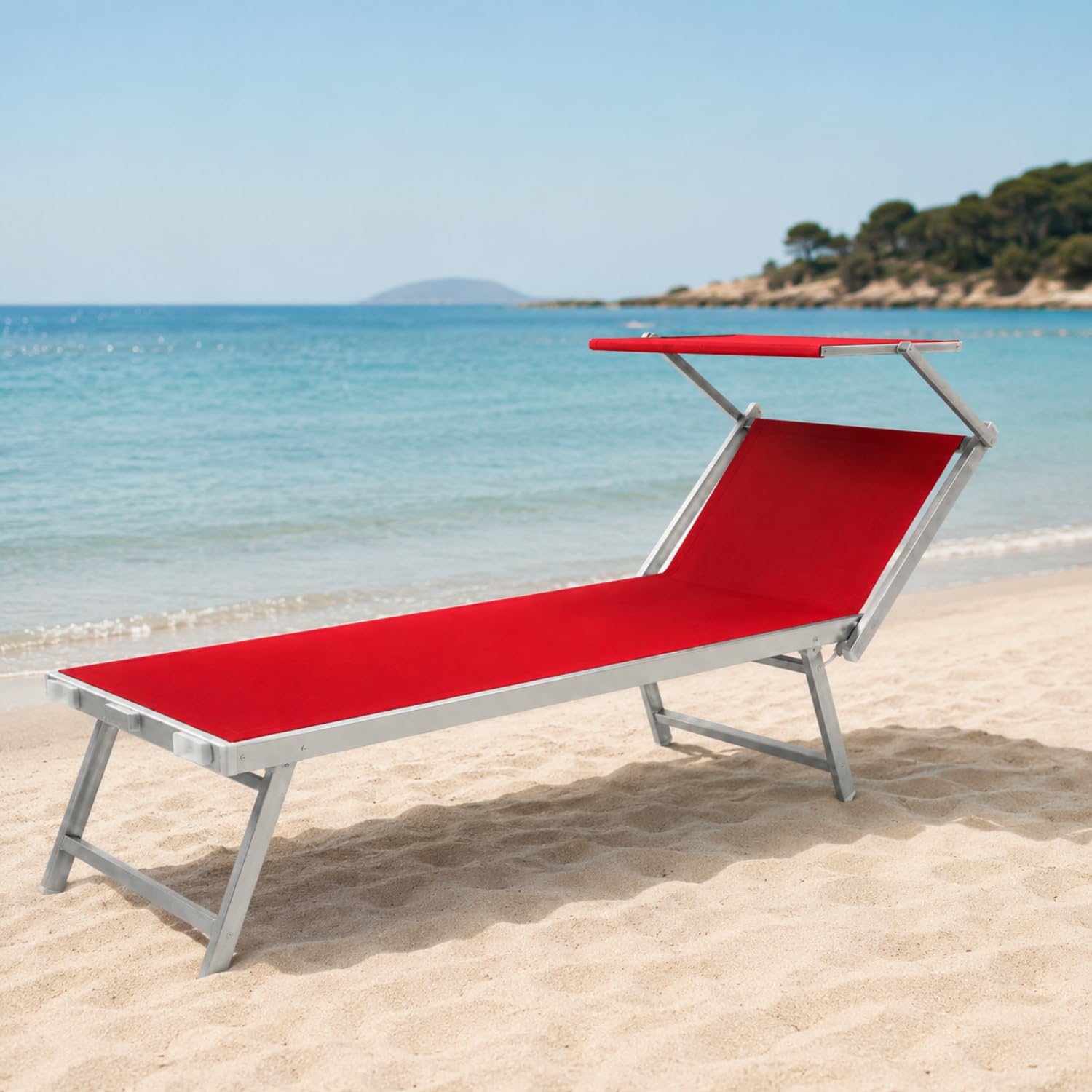 Bricozone Lettino Pieghevole Prendisole in Alluminio E Tessuto Textilene Professionale Con Tettuccio Parasole Orientabile Sdraio Per Mare Spiaggia Piscina Giardino 182 x 60 x 38 Cm Rosso