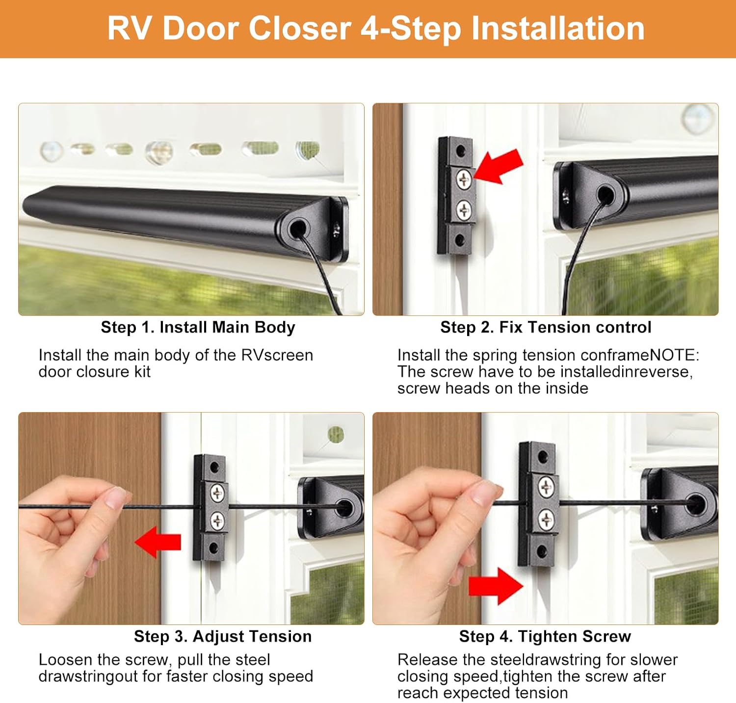 RV Screen Door Closer with Adjustable Tension, Aluminum Automatic Closing Device Kit Built-in Spring, Complete Mount Accessories Fits Most Camper Travel Trailer Screen Door Latches & Handles. image 4