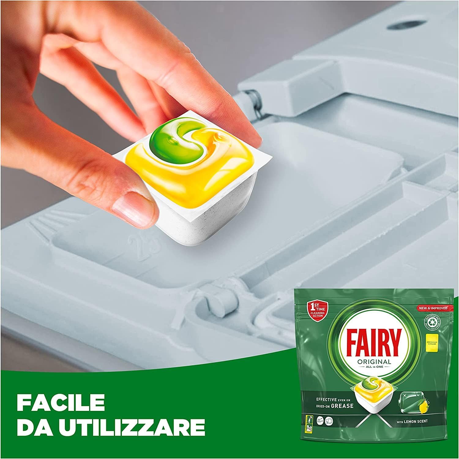 Fairy Detersivo Pastiglie Lavastoviglie, Brillantante, 155 Capsule Lavastoviglie, Original Limone, Azione Pulente Al Primo Lavaggio, Efficace Sul Grasso Incrostato Con Azione Brillante