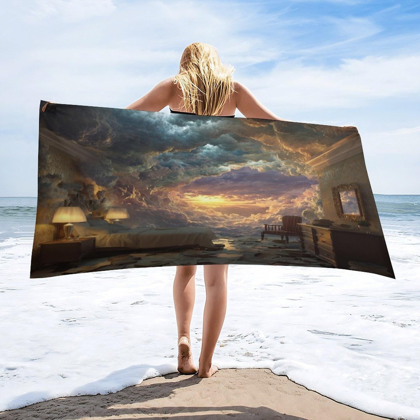 Luyysky Beautiful Romantic Colorful Cloud Quick-Drying Beach Towel, Rustic Realistic Natural Landscape Sunrise Pattern Travel Vacation Single Sided Pile Bathroom Towels-80 W Cm X 160" L Cm