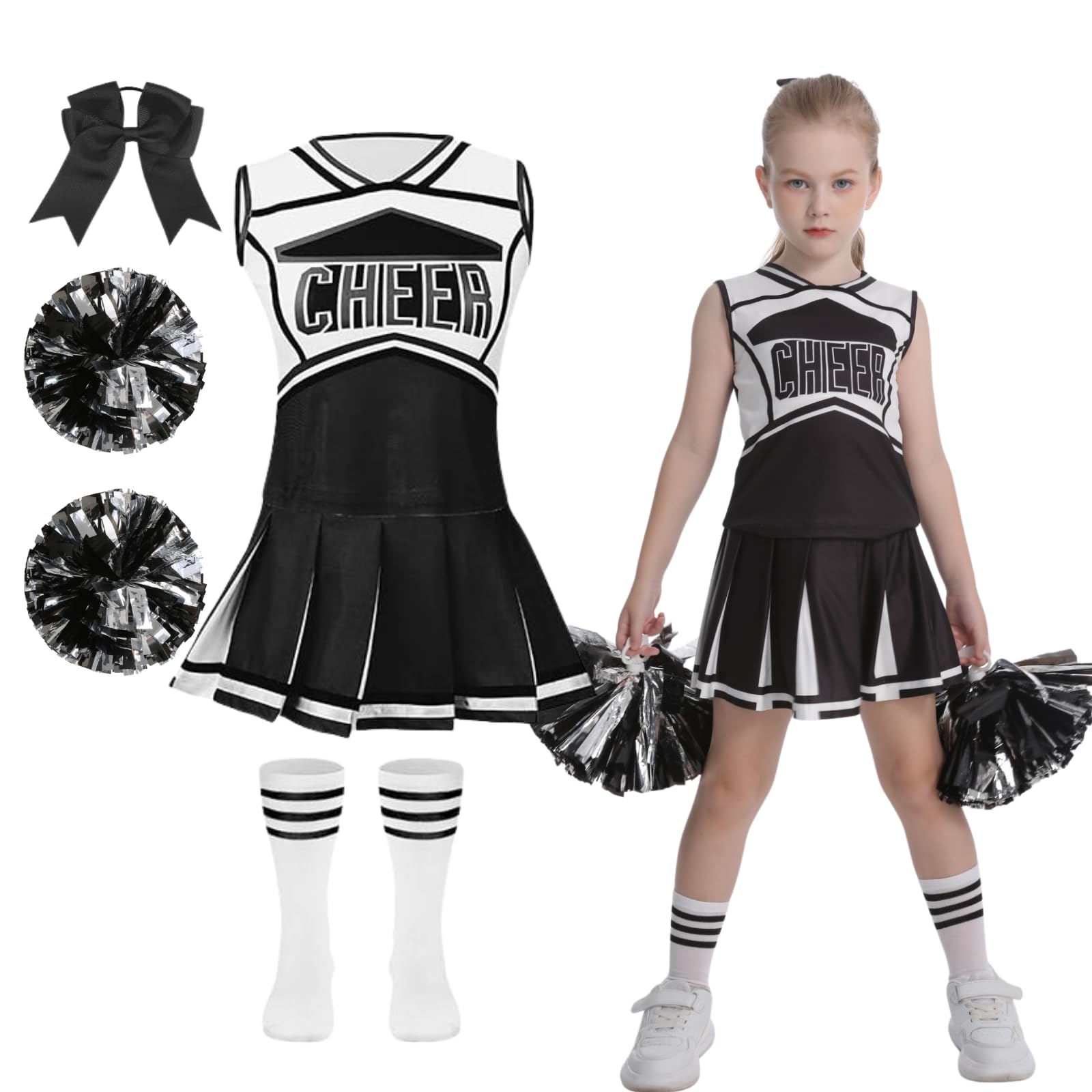 DELIVESS Cheerleader Costum for Girls Cheerleading Outfit Kids School Cheer Uniform 5 Pcs Set for Halloween Party Dress up 10-11 Years (150, Black)