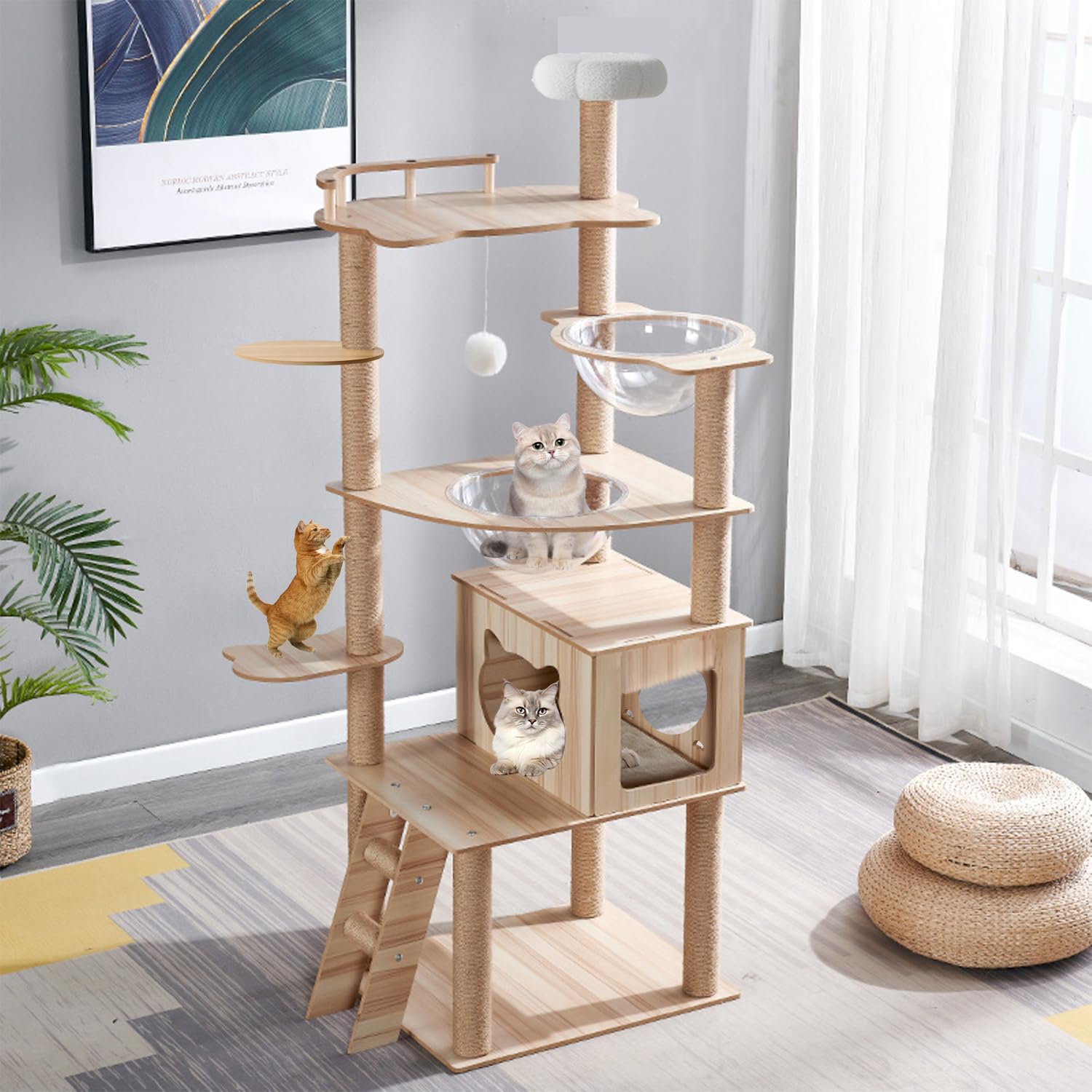Albero per gatti da 170 cm, per interni, grande, adulto, torre con condominio, scale per gatti, 2 ciotole, 14 tiragraffi in sisal, posatoio superiore, con piattaforma imbottita, palline