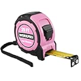 WORKPRO 25FT Pink Tape Measure, 1/8 Fractions Easy Read Measuring Tape, Retractable Nylon Coating Measurement Tape Accuracy 1/32, Magnetic Hook, Belt Clip, Rubber Protective Casing - Pink Ribbon