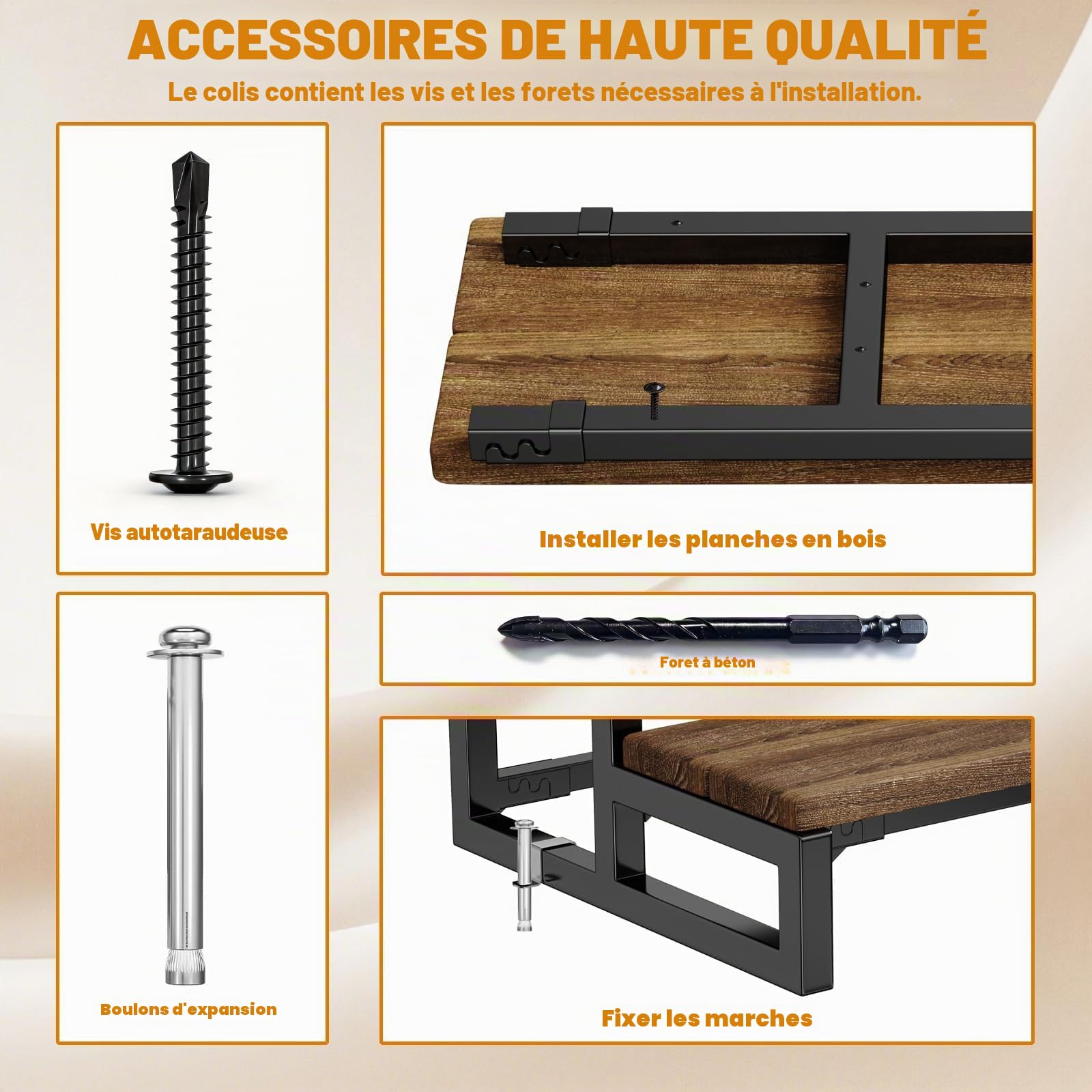Contremarche en acier à 3 marches, limon métallique pour marche en bois, supports d'escalier autoportants pour marches intérieures et extérieures (Largeur 80 cm)
