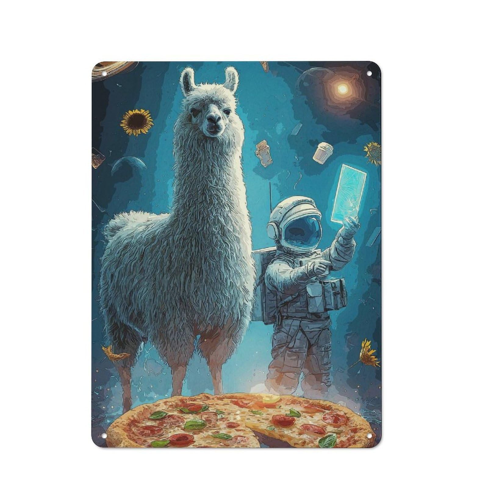 Warehouse Style Llama Astronaut Pizza Space Decorative Metal Plaque 40x30cm, Industrial Wall Decor for Loft, Studio, Office Or Creative Room