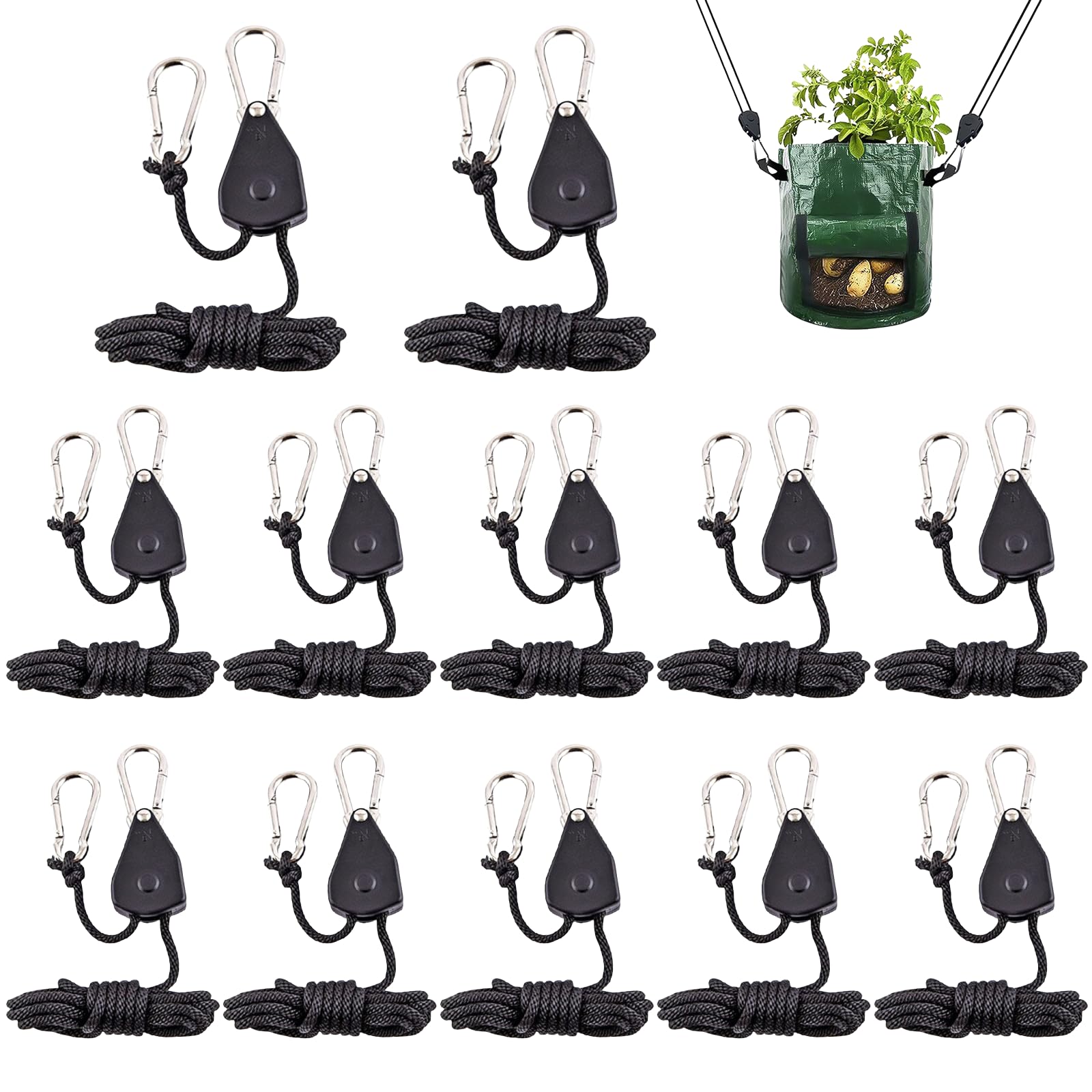 12 ganchos de cuerda ajustables: 1/8 pulgadas trinquete, trinquete con gancho de cuerda, colgador de trinquete para ventilador de plantas, plantas de interior, capacidad de carga de 68 kg por