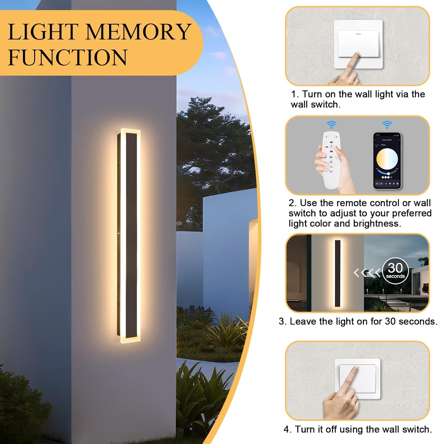 39 Inch Black Modern Outdoor Wall Light 3000K-6000K Dimmable Modern Exterior Wall Sconce Long LED Linear Exterior Lights for Patio Garden Garage
