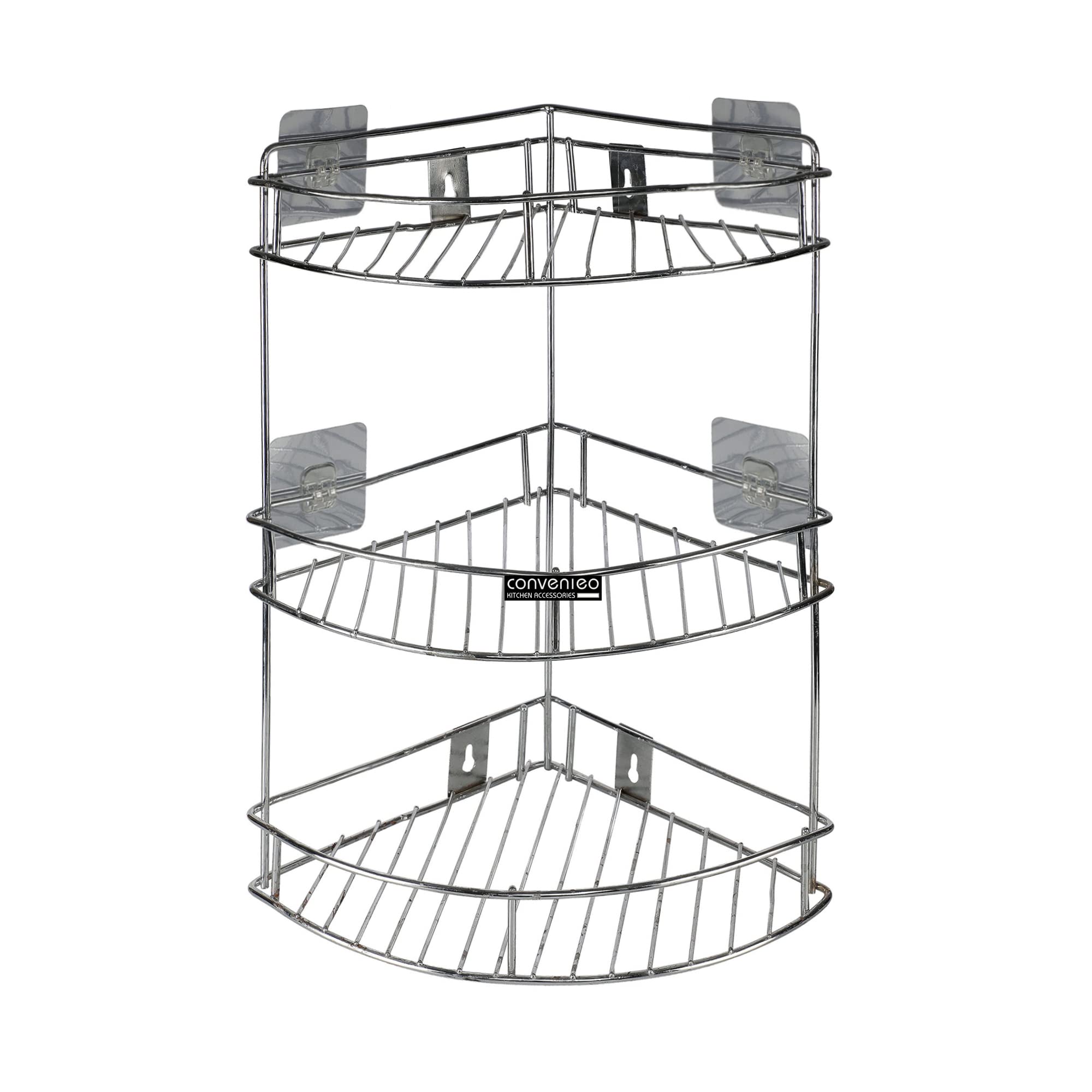 CONVENIEO Stainless Steel 3 Tier Shelf Corner Rack/Stand for Kitchen with Self Adhesive Utensil Kitchen Rack  (35 X 26 X 44 Cm, Silver)