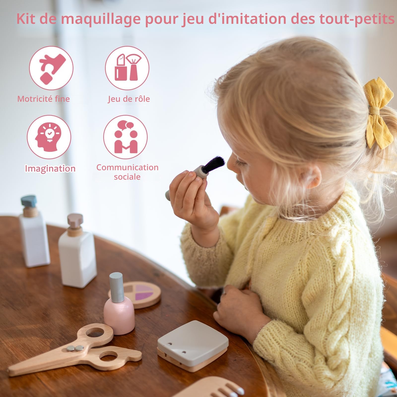 Maquillage Enfant en Bois, Jeu de Rôle Coiffeur, Kit Beauté Bois, Malette Faux Maquillage, Coffre à Jouets Coiffure, Accessoires Coiffeuse Fille, avec Trousse Toilette, Cadeau 3 4 5 6 Ans
