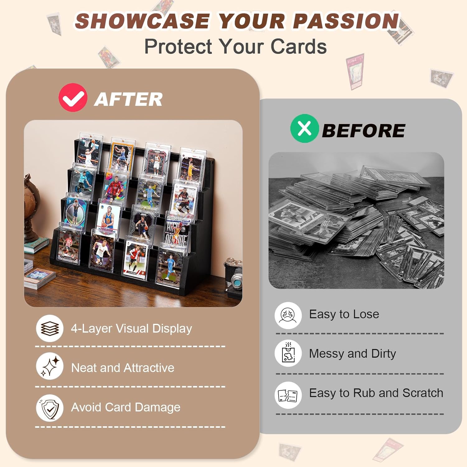 Emfogo Card Display Stand, 4-Tier Trading Card Display, Wooden Graded Sports Card Display, Trading Card Display Stand for Card Collection & Show (Black) - Image 5