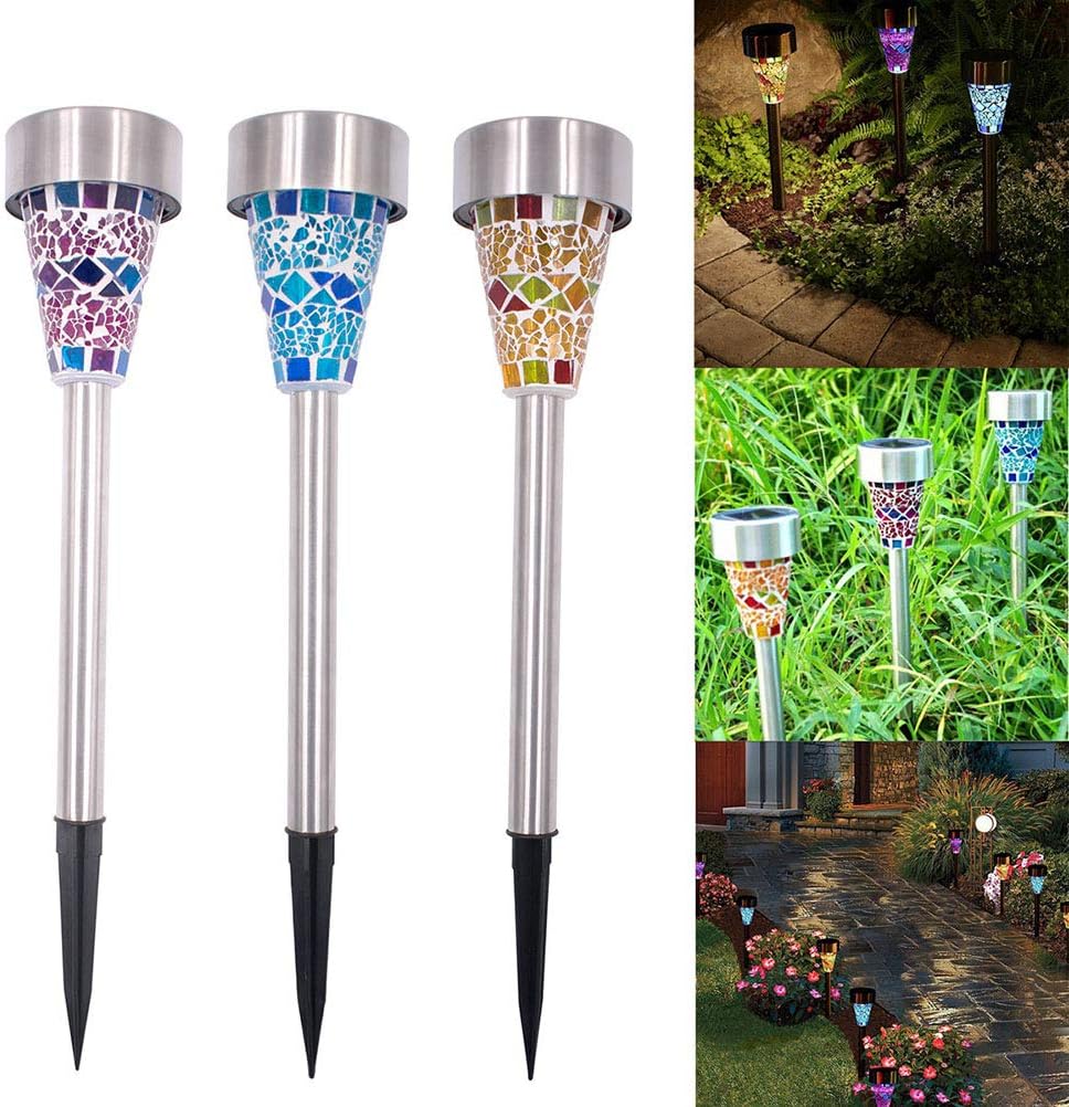 Uonlytech Solar Lawn Lamp, Solar Power Stainless Steel Mosaic Lawn Lamp, Solar Garden Lights for Yard Walkway Lawn Patio Driveway(3 Pcs,Blue,White Light)