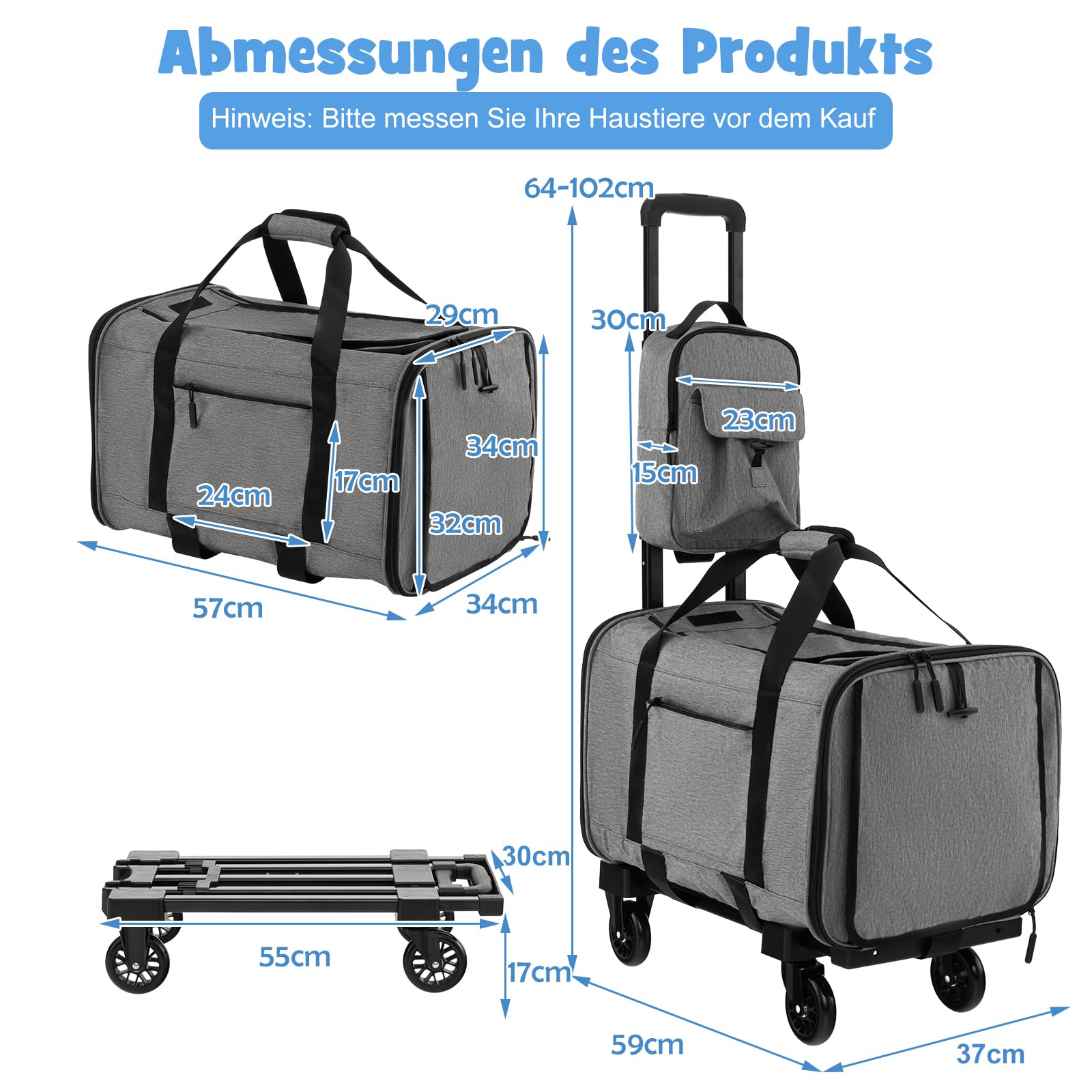 SORAS Transportbox Katze 57 x 34 x 34 cm, Flatbare Transporttasche für Hund mit Rädern, Teleskopgriff, doppelseitigen Kissen, extra Tasche, Reisebox für kleine & mittelgroße Haustiere