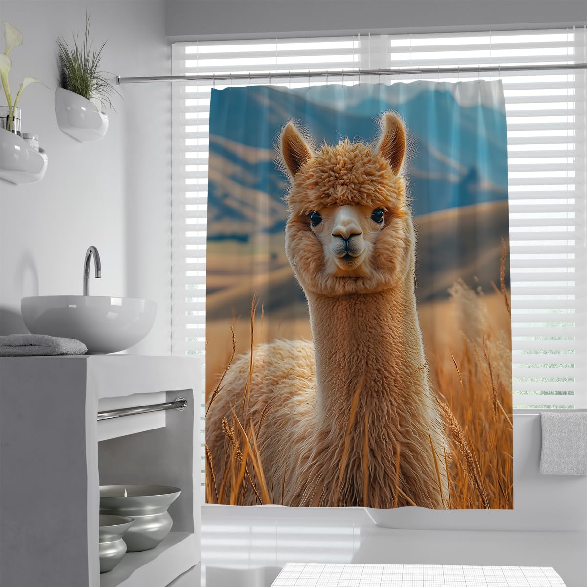 UIRINGART Lovely Llama Bath Curtains W180xL220cm Machine Washable Anti Mould Nature Grassland Alpaca Animal Painting Fabric Bathroom Screen With Hooks Tub Liners