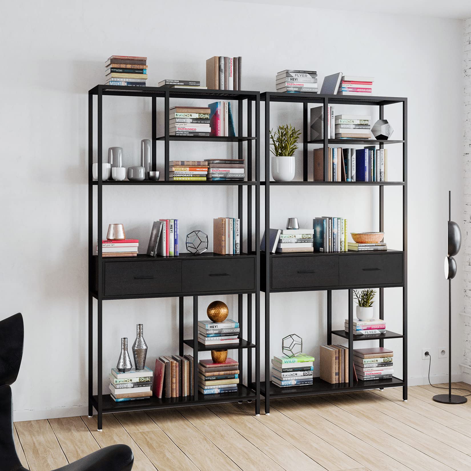 unho Librería con Cajón Industrial, Estantería Alta con Estantes de Almacenamiento de 5 Niveles, Marco de Metal y Gabinete de Madera, Estantería Independiente para Libros para Oficina en Casa
