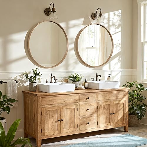 Miniatura 18 de HOMECOOKIN Espejo de pared redondo de 32 pulgadas, espejo circular dorado para baño con marco de metal, espejo dorado redondo para decoración