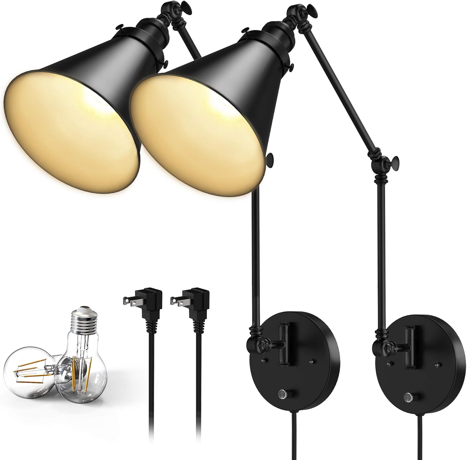 Crazy Clearance UL-Listed Plug-in Wall Sconces with LED Bulb JACKYLED Swing Arm Wall Lamp with Dimmable Switch Industrial Black Wall Mounted Reading Light Fixture (2-Pack)