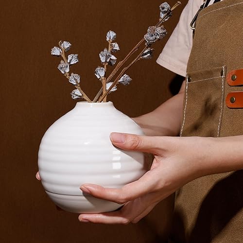 Miniatura 5 de Jarrón redondo de cerámica blanca, florero de boca estrecha redondo blanco para decoración del hogar, florero pequeño de flores secas, florero