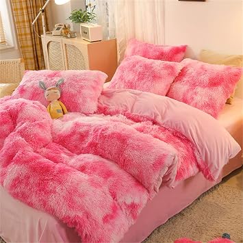 Faux Fur Plush Comforter Set Full/Queen Tie Dye Pink White Shaggy Fluffy Fuzzy Comforter Luxury Ultra Soft Microfiber Bedding Set 3 Pieces (Comforter x 1 Pillowcases x 2) ...