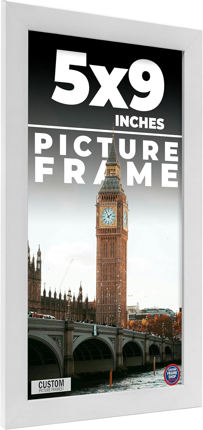 5x9 IN Frame White Real Wood Picture Frame Width 0.75 Inches | Interior Frame Depth 0.5 Inches | Bianca Mid Century Photo Frame Complete with UV Acrylic, Foam Board Backing & Hanging Hardware