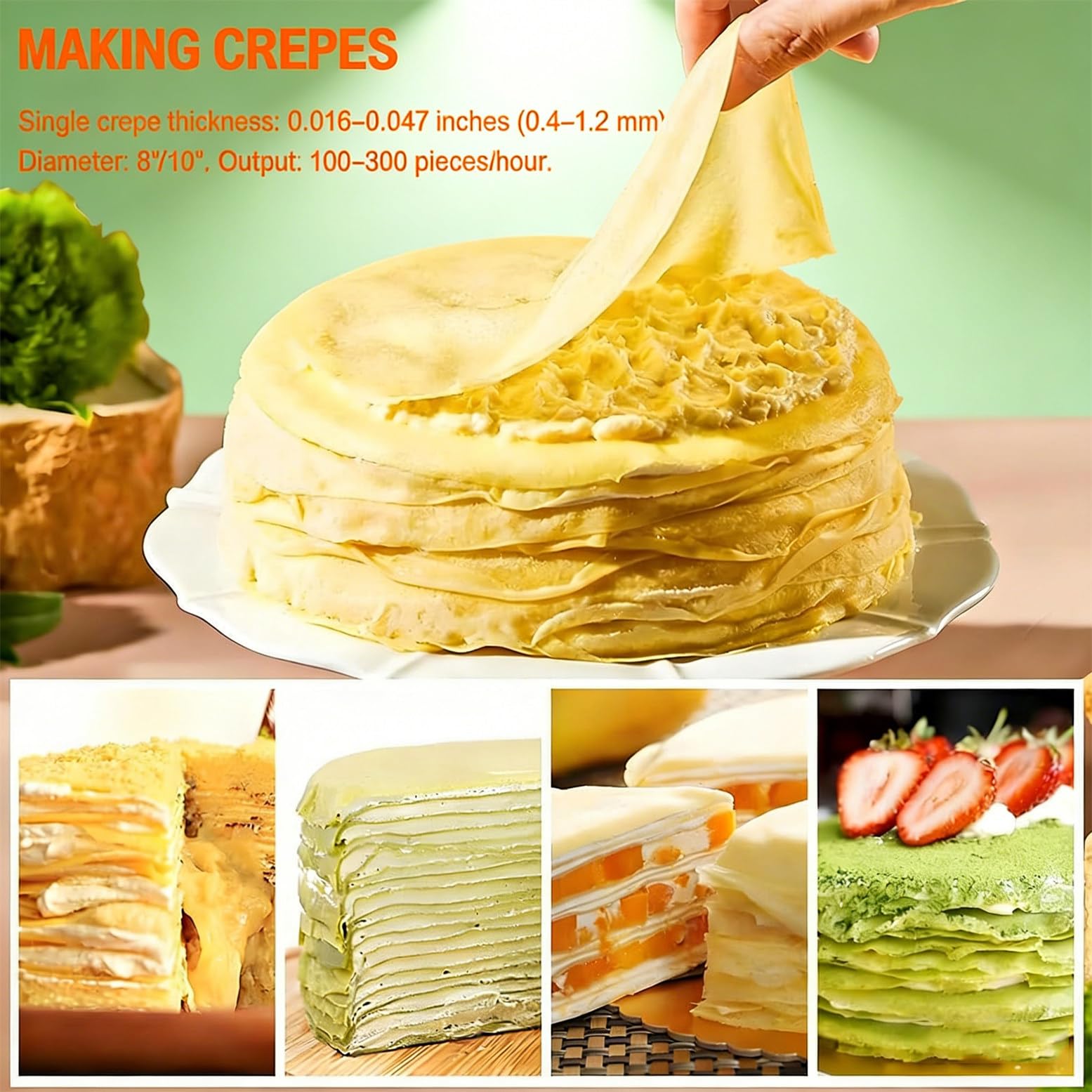 Macchina Automatica per la Preparazione di croste di Torte, Macchina per crêpe elettrica da 2200 W con velocità Regolabile (0-200 °C), per Torte Mille crêpe da 6/8 Pollici 6in