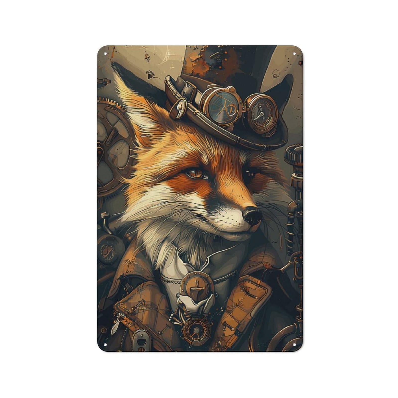 Junmoney Style-13 30X20cm Rustic Metal Wall Sign With Animal Steampunk Fox For Living Room Wall, Metal Sign Decor For Living Rooms And Feature Walls
